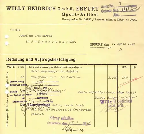 Rechnung, Wilhelm Heidrich GmbH, Sport-Artikel, Erfurt, 7.4.1938