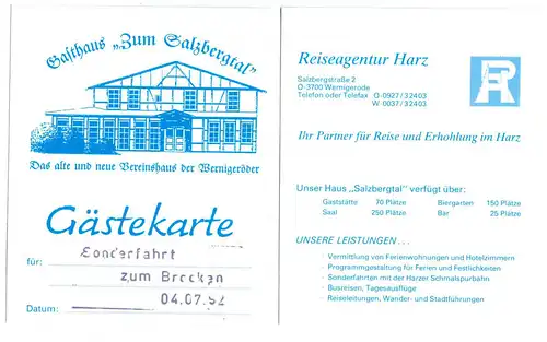 Gästekarte (2), Sonderfahrt zum Brocken, Gasthaus "Zum Salzbergtal", 1992