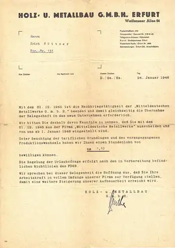 Übernahmevertrag von Arbeitskräften, Holz- u. Metallbau GmbH, Erfurt, 24.1.46