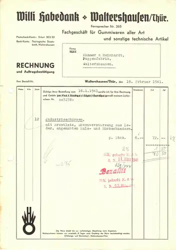 Rechnung, Willi Habedank, Gummiwaren aller Art, Waltershausen Thür., 18.2.1941