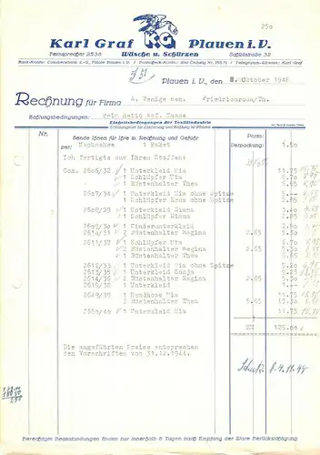 ill. Rechnung, Karl Graf KG Plauen i.V., Wäsche u. Schürzen, 8.10.1948