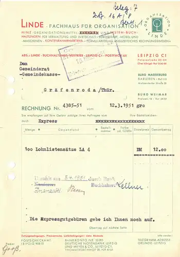Rechnung, Fa. Linde, Fachhaus für Organisation, Leipzig C 1, 12.3.51