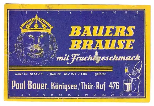 Etikett, Bauers Brause, Königsee Thür., 1930er?