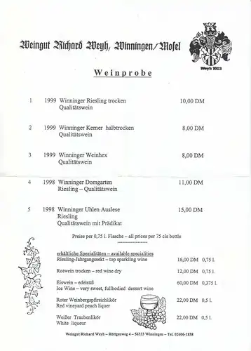 Karte für Weinprobe, Weingut Richard Weyh, Winningen / Mosel, um 2000