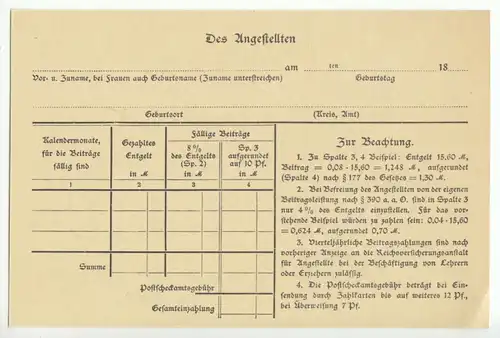 Infokarte blanko, an Reichsversicherungsanstalt für Angestellte, 1910er