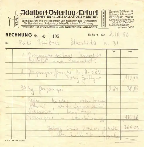 Rechnung, Adalbert Ostertag, Klempner- und Installateurmeister, Erfurt, 2.10.56
