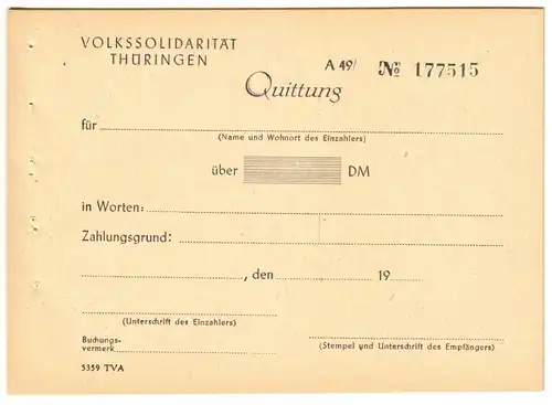 Quittung, Volkssolidarität Thüringen, blanko, frühe 1950er