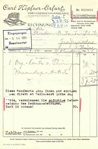 ill. Rechnung, Curt Höpfner, Erfurt, Versandbuchhandlung, 3.5.1954