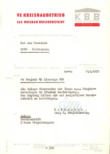 Anschreiben, VE Kreisbaubetrieb Heiligenstadt zu Bauprojekt, 8.3.79