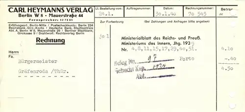 Rechnung, Carl Heymanns Verlag, Berlin W 8, Mauerstr. 44, 30.1.40