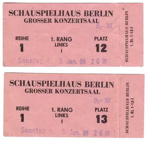 zwei Eintrittskarten, Schauspielhaus Berlin, Grosser Konzertsaal, 3.1.88