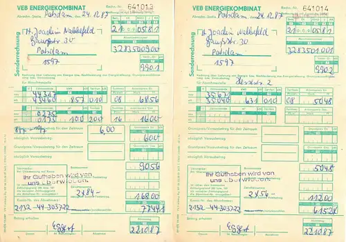 VEB Energiekombinat Potsdam, Abrechnungsunterlagen Strom, 1987/88