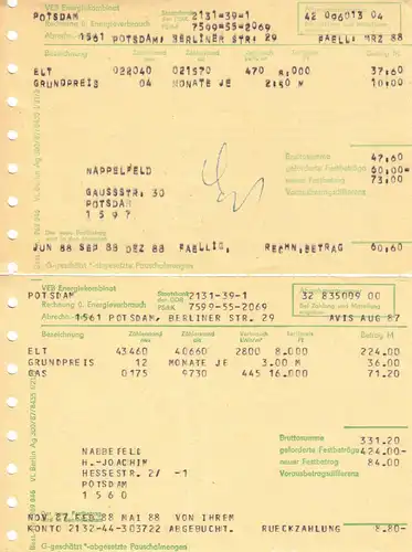 VEB Energiekombinat Potsdam, Abrechnungsunterlagen Strom, 1987/88