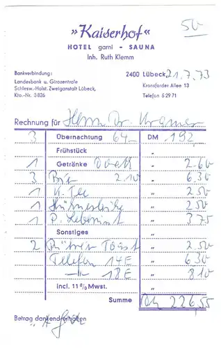 Rechnung, Lübeck, Hotel Garni "Kaiserhof", 21.7.1973