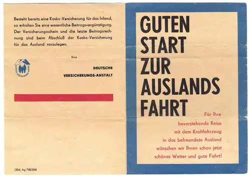 Hinweisblatt zur Kfz-Haftpflichtversicherung bei Auslandsreisen, 1966