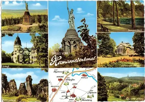 AK, Hiddensen, Gruß vom Hermannsdenkmal, sieben Abb. und Landkarte, 1962