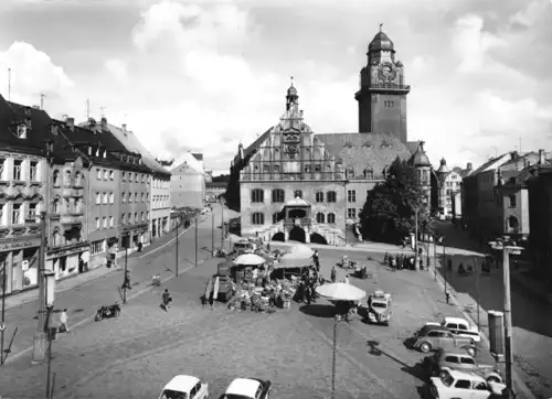 AK, Plauen Vogtl., Altmarkt mit Rathaus, 1966
