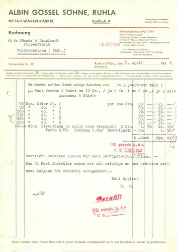 Rechnung, Albin Gössel Söhne, Metallwarenfabik, Ruhla, 8.4.1941
