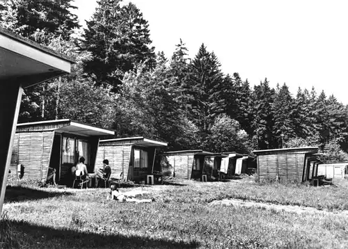 AK, Ehrenfriedersdorf Erzgeb., Campinghütten am Greifenbachstauweiher, 1983