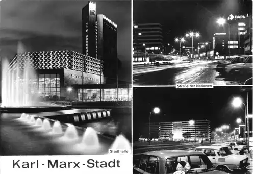 AK, Karl-Marx-Stadt, Chemnitz, drei Nachtansichten, 1977