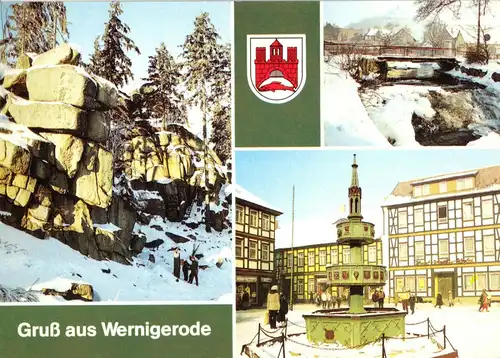 AK, Wernigerode am Harz, drei Winteransichten, Wappen, 1989