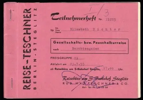 Teilnehmerheft für eine Reise nach Berchtesgaden, 1955