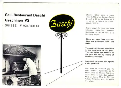 AK, Geschinen, VS, Grill-Restaurant Baschi, mit Werbetext, um 1960