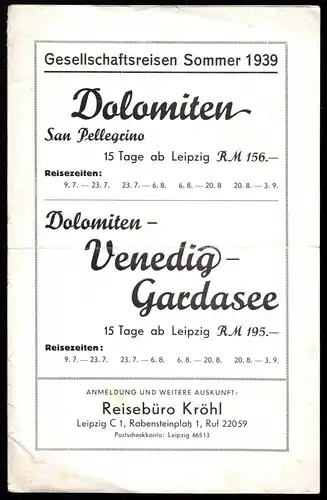 Reiseprospekt, Reisebüro Kröhl Leipzig, Dolomiten, Sommer 1939