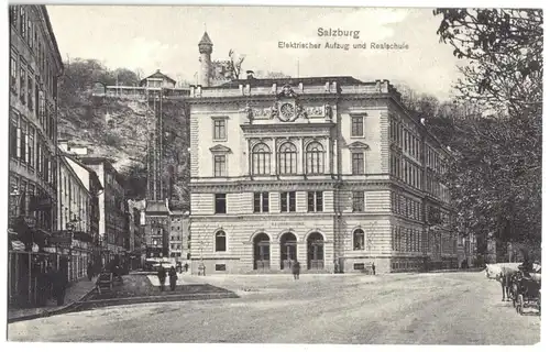 AK, Salzburg, Elektischer Aufzug und Realschule, um 1912