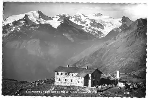 AK, Tirol, Starkenburger Hütte gegen Stubaier Gletscher, um 1963