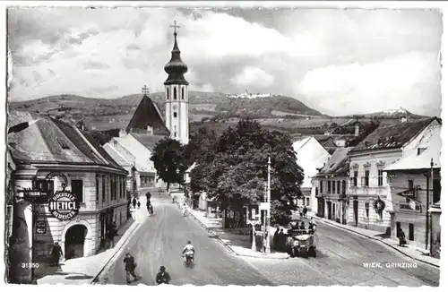AK, Wien Grinzing, Straßenpartie belebt, Kirche, 1960