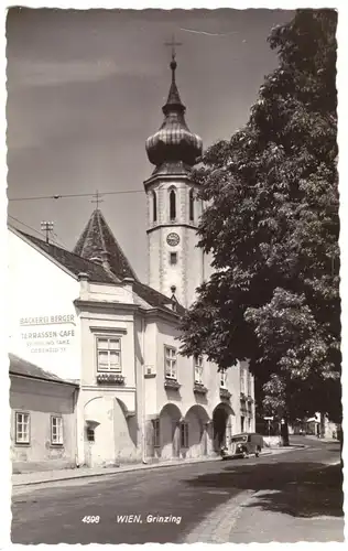 AK, Wien Grinzing, Straßenpartie mit Bäckerei und Kirche, 1957