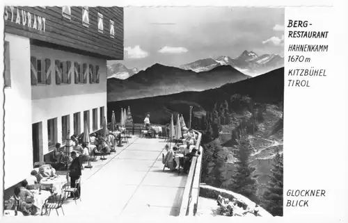 AK, Kitzbühel, Tirol, Bergrestaurant Hahnenkamm, Terrasse, belebt, um 1965
