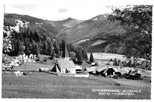 AK, St. Oswald, Kärnten, Teilansicht mit Kirche, um 1965