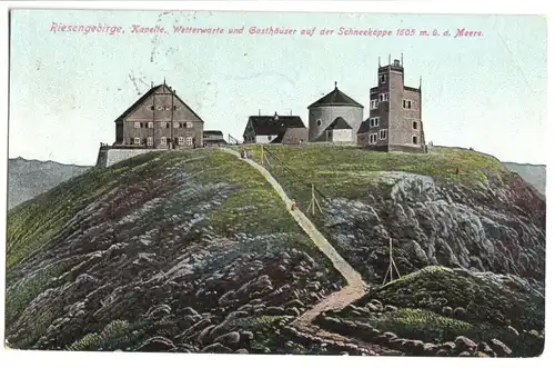 AK, Riesengebirge, Krkonoše, Kapelle und Wetterwarte auf der Scheekoppe, 1921