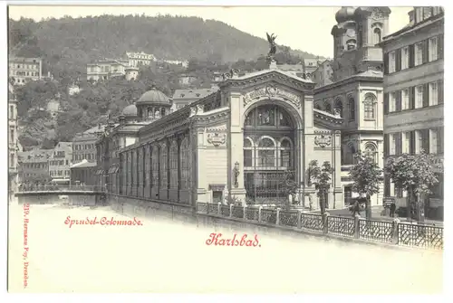 AK, Karlsbad, Karlovy Vary, Teilansicht mit Sprudel-Colonnade, um 1900