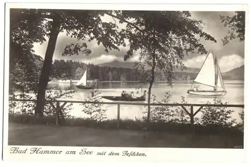 AK, Bad Hammer am See, Hamr na Jezeře, Seepartie mit Blick zum Jeschken, um 1940