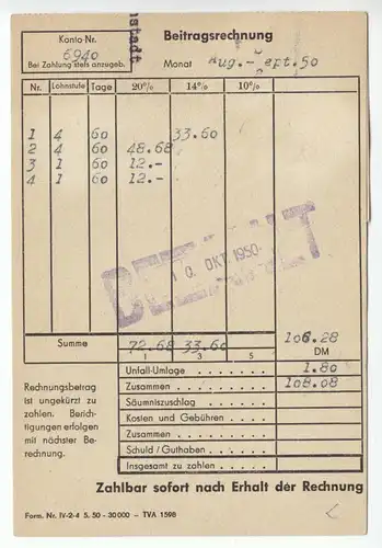 Rechnung der Sozialversicherungskasse Arnstadt, 1950