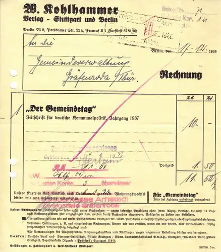 Rechnung, Verlag W. Kohlhammer, Stuttgart und Berlin, 17.12.1936
