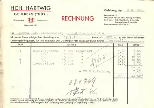 Rechnung, Fa. Hch. Hartwig, Gehlberg Thür., 8.8.1946