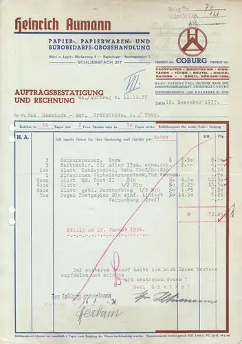 Rechnung, Fa. Heinrich Aumann, Bürobedarfs-Großhandlung, Coburg, 18.12.35