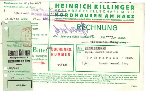 Rechnung, Fa. Heinrich Killinger Verlagsgesellschaft, Nordhausen, 30.10.40