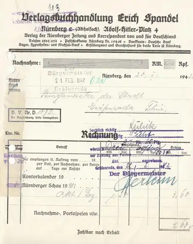 Rechnung, Verlagsbuchhandlung Erich Spandel, Nürnberg, 20.02.1942