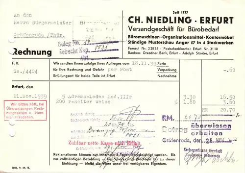 Rechnung, Ch. Niedling, Erfurt, Versandgeschäft für Bürobedarf, 18.11.1939