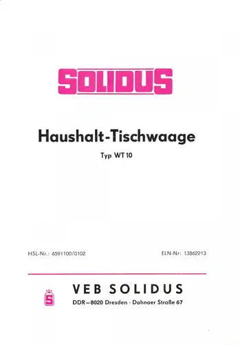 Beschreibung + Garantie, Haushaltstischwaage Typ WT10, VEB Solidus Dresden, 1976