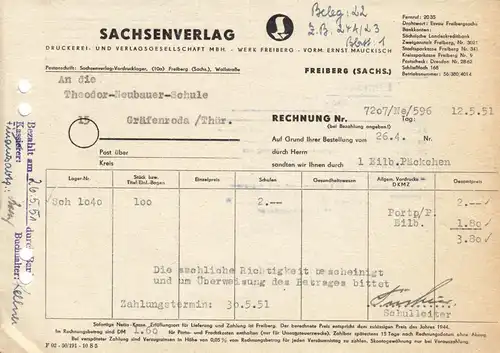 Rechnung, Sachsenverlag Werk Freiberg, vorm. Ernst Mauckisch, 12.5.51