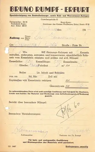 Rechnung, Fa. Bruno Rumpf, Erfurt, Spezialreinigung von Wasseranlagen, 20.3.1947