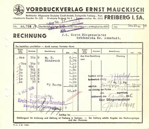 Rechnung, Vordruckverlag Ernst Maukisch, Freiberg i. Sa., 30.11.38