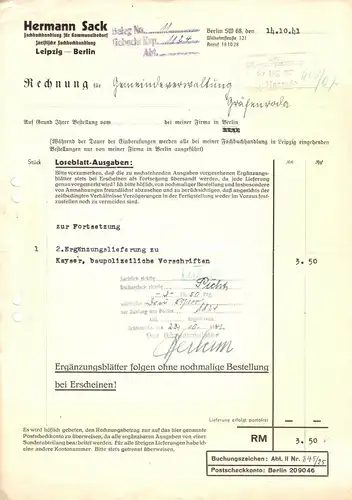 Rechnung, Fa. Hermann Sack, Fachbuchhandlung f. Kommunalbedarf, Berlin, 14.10.41