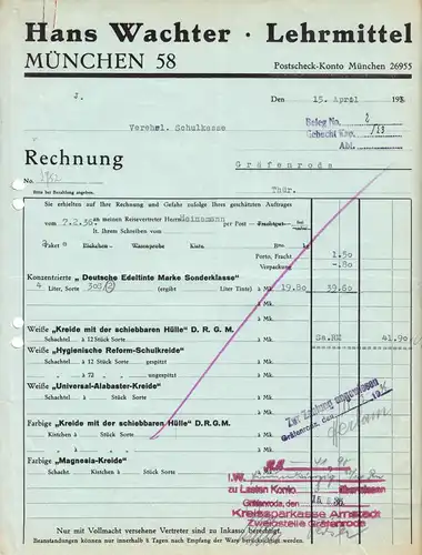 Rechnung, Fa. Hans Wachter, Lehrmittel, München 58, 15.4.36